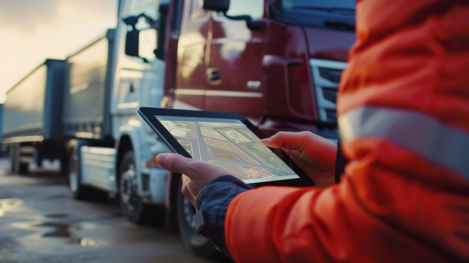Profissional de logística usando tablet junto a uma frota de caminhões